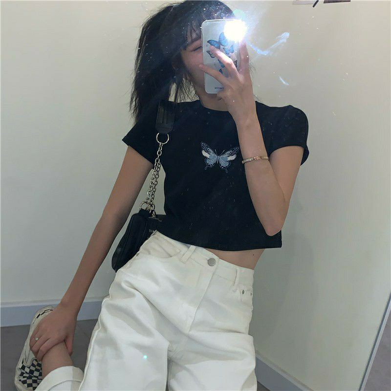 Áo Crt Tay Ngắn Thêu Bướm cotton 4 chiều A2-TBB