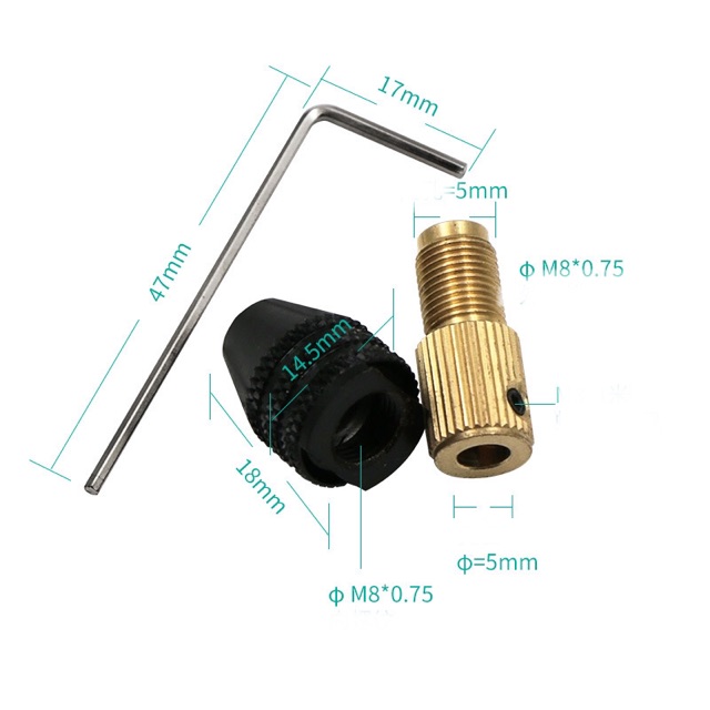 Bộ đầu kẹp giữ mũi khoan 3 chấu 0.5-3.2mm trục 5mm , 3.17mm