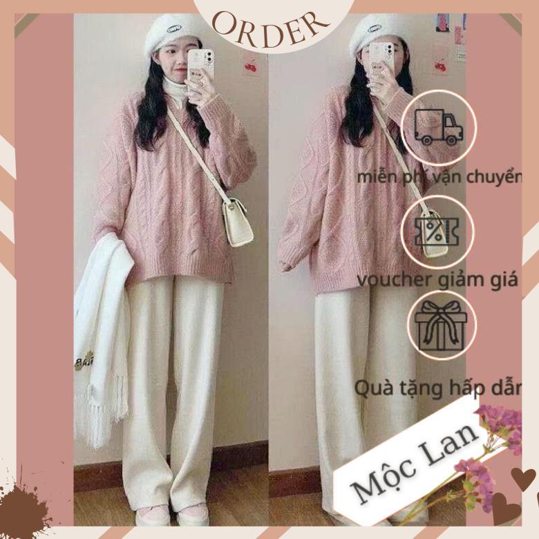 (MộcLan ORDER) Áo len nữ MORAN vặn thừng màu hồng cổ V form rộng dài style điệu đà Hàn Quốc | BigBuy360 - bigbuy360.vn