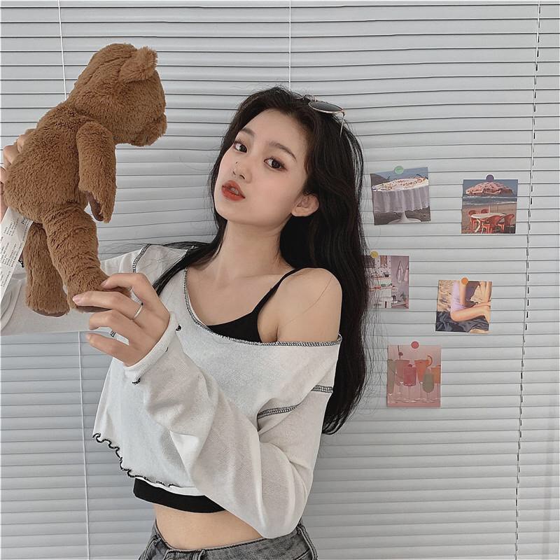 SET ÁO DÀI TAY LEN GIẤY LỆCH VAI KÈM ÁO CROPTOP 2 DÂY - ÁO CROPTOP LỆCH VAI VIỀN BÈO CHỈ + ÁO 2 DÂY ULZZANG