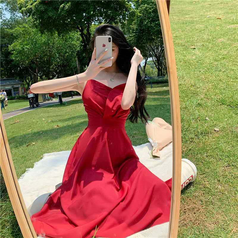 Đầm midi hai dây dáng chữ A lưng cao màu đỏ phong cách mới Pháp size lớn 2021