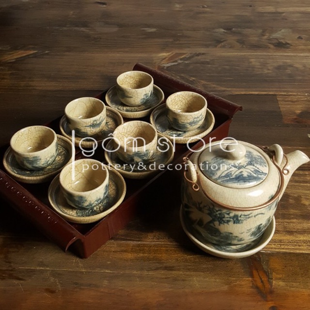 Ấm chén Bát Tràng men giả cổ dáng vại vẽ sơn thủy