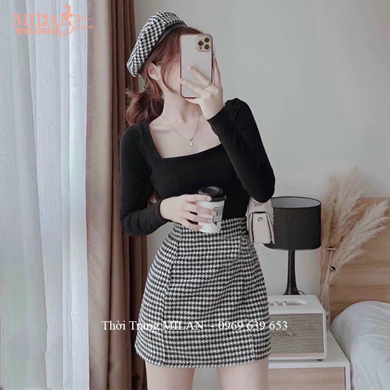 Chân váy dạ chữ A ngắn kẻ sọc đen trắng cạp cao có lót trong dáng chân váy caro ngắn lưng cao công sở đi biển học hẹn hò