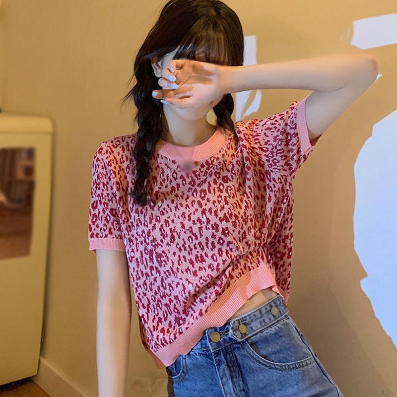 Áo Croptop Tay Ngắn Hoạ Tiết Da Báo Phong Cách Hàn Quốc