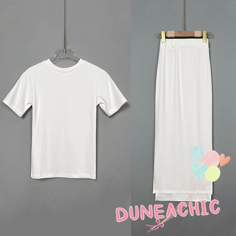 DUNEA Set đồ gồm áo thun ngắn tay và chân váy xẻ tà phong cách quyến rũ