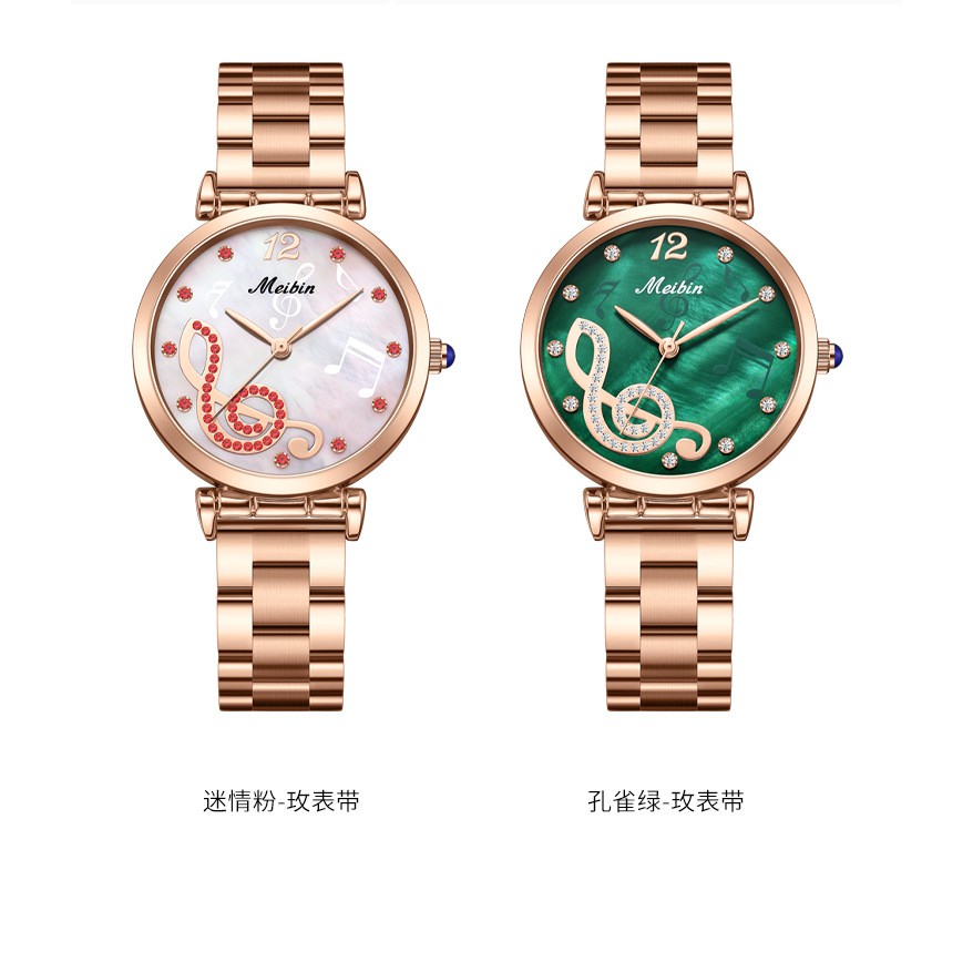 Đồng hồ thời trang nữ, đồng hồ chính hãng MEIBIN nốt nhạc, mặt tròn đính đá Ruby cực kỳ cao cấp, sang chảnh