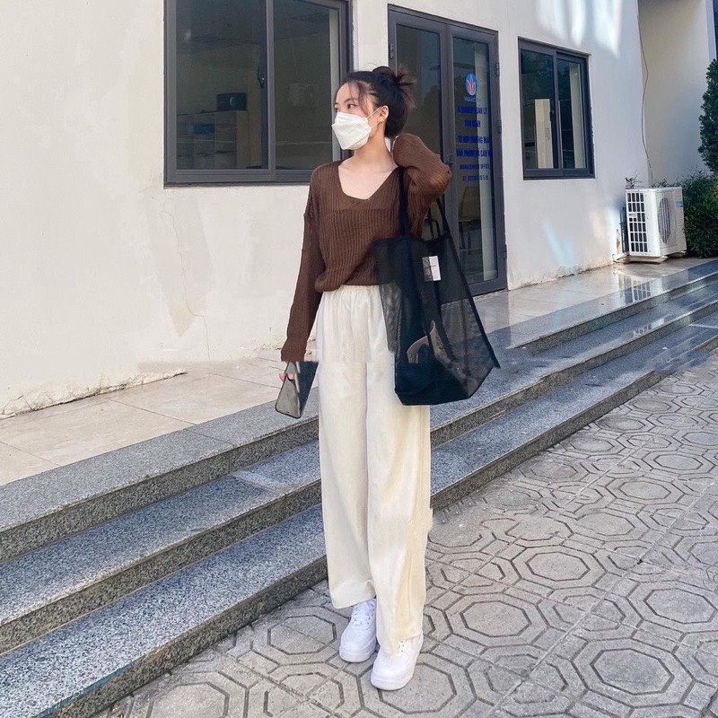 Quần dài nữ len tăm dáng suông trơn - Culottes ống rộng cạp chun vintage màu ĐEN | TRẮNG phong cách đơn giản