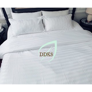 Bộ ga giường 2 vỏ gối trắng sọc Riotex cho khách sạn, vải CVC không xù không nhăn [ sử dụng cho nệm cao 5cm - 27cm ]