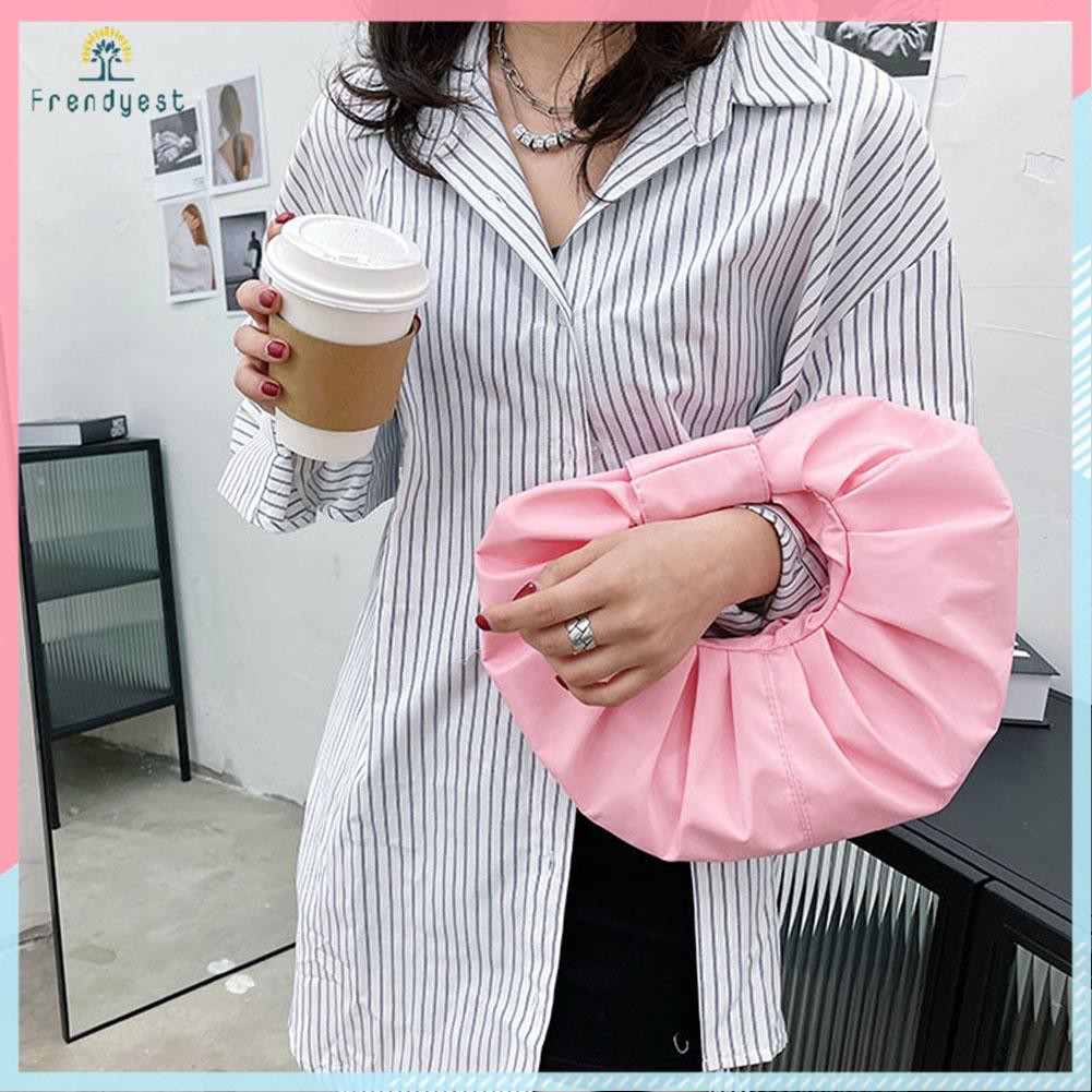 Túi xách hình tròn bằng da PU họa tiết xếp ly nhỏ màu trơn thời trang cho nữ