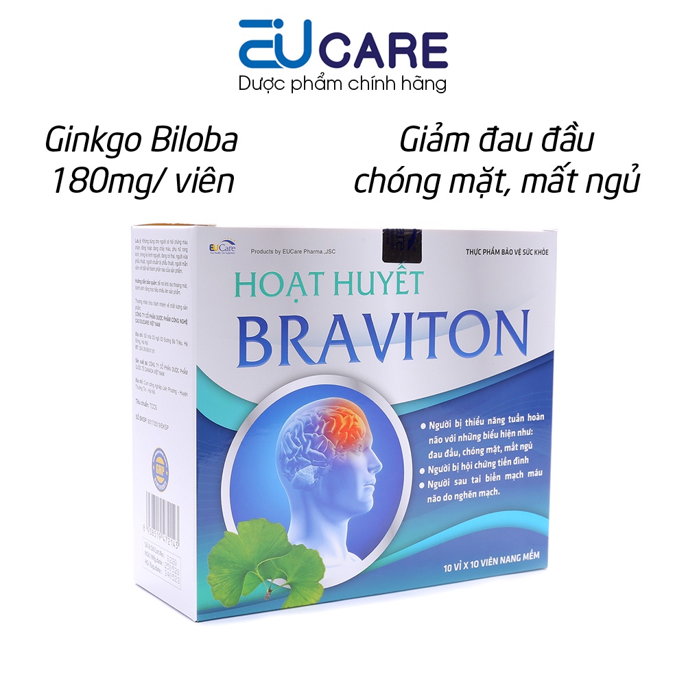 Hoạt Huyết Braviton Ginkgo Biloba, Lạc Tiên, Đinh Lăng Giảm Đau Đầu, Chóng Mặt, Mất Ngủ - 100 Viên