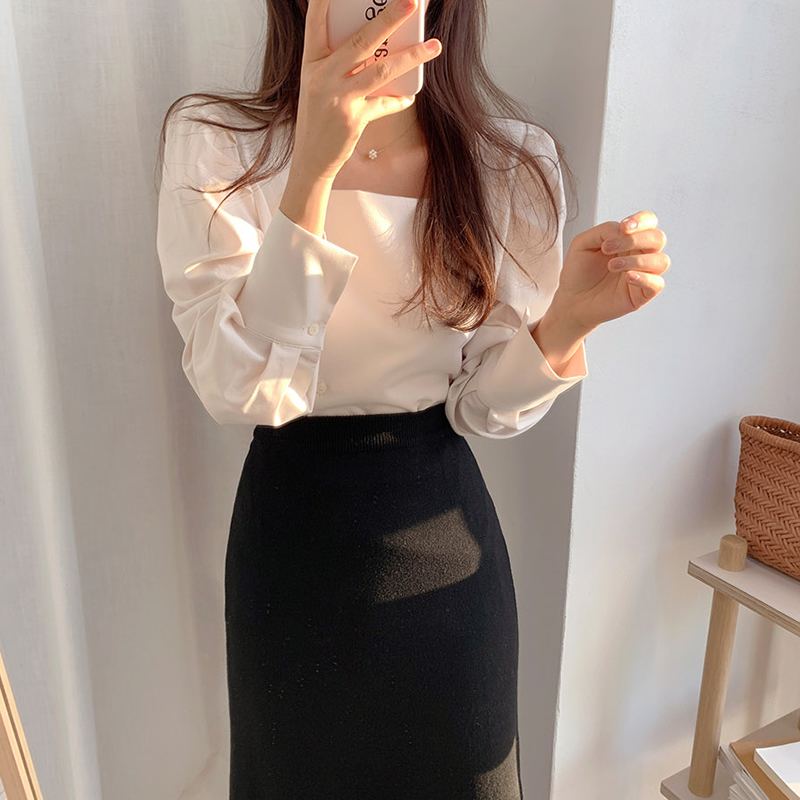 Autumn New Style Korean Square Neck Long Sleeve Shirt Gray / Wholesale / comfortable fabric /