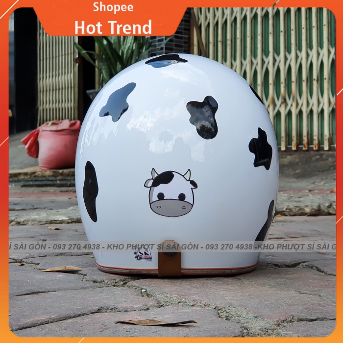 HOT BÒ SỮA - Mũ bảo hiểm 3/4 trắng lót nâu đốm bò sữa đen hơi bị cute - Nón 3/4 bò sữa đen cho couple dễ thương