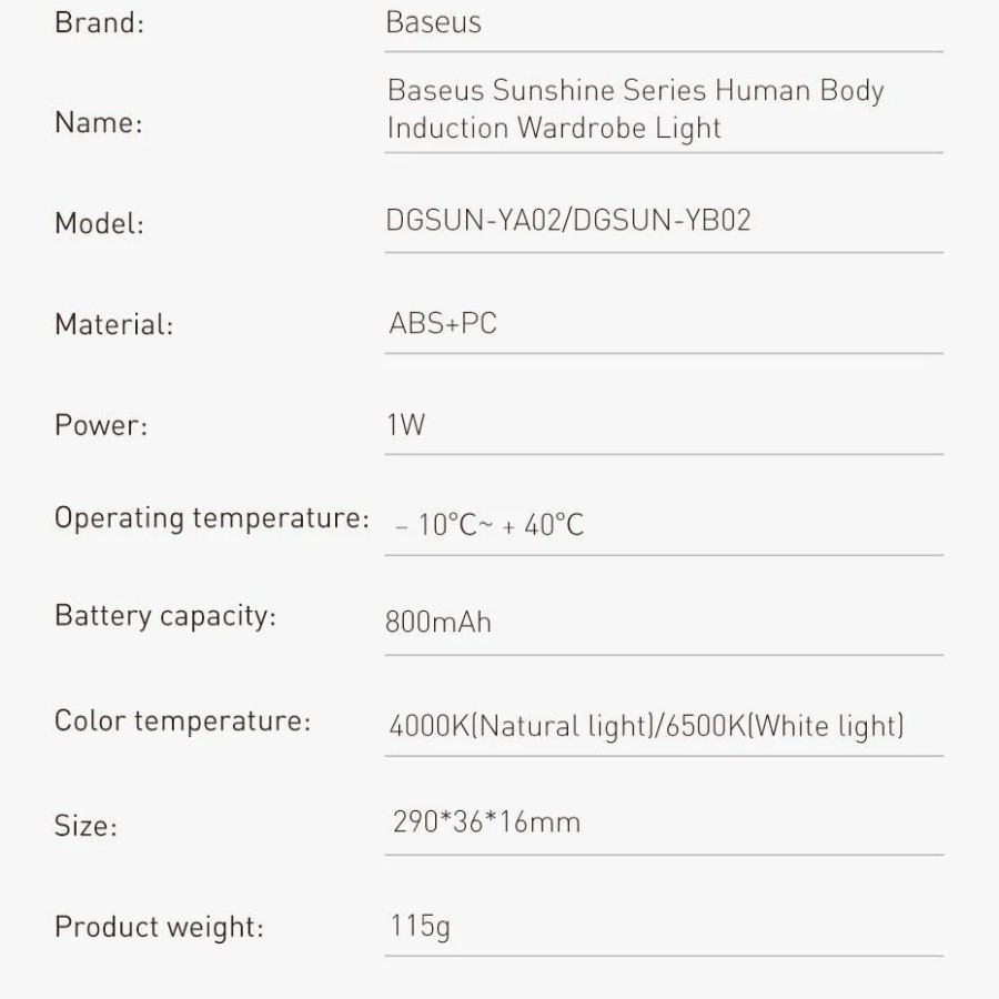 [Chính hãng-Sẵn] Đèn cảm ứng chuyển động thông minh Baseus Sunshine Series (800mAh, Human body Induction- LV693-WD
