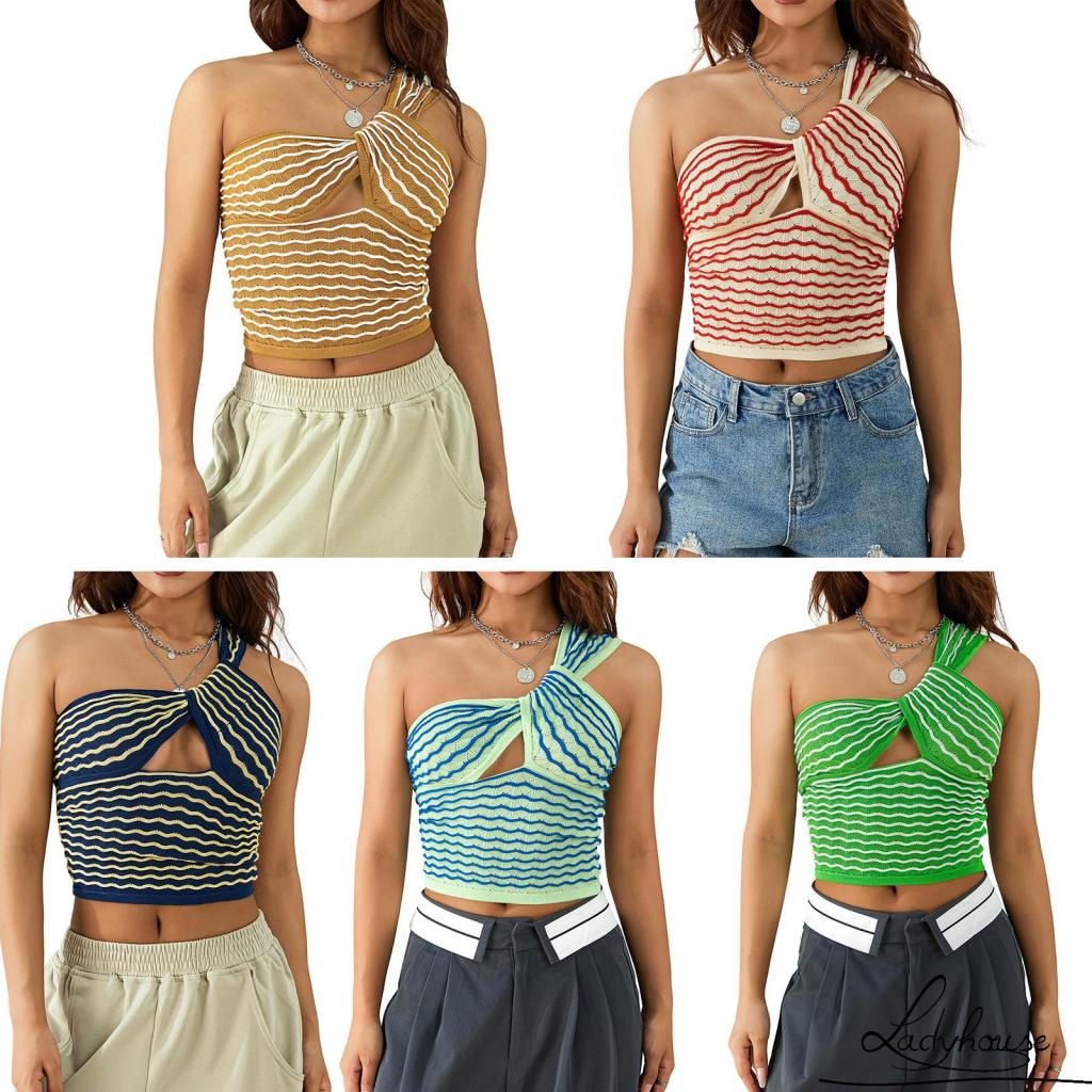 Áo Dệt Kim Không Tay Hở Vai Ôm Dáng Màu Sắc Tương Phản Dành Cho Nữ