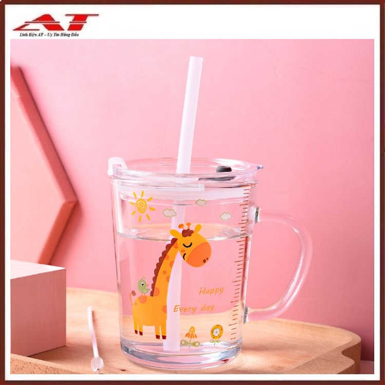 Cốc thủy tinh/ cốc tập uống sữa cho bé cao cấp, kèm 2 ống hút và cọ rửa