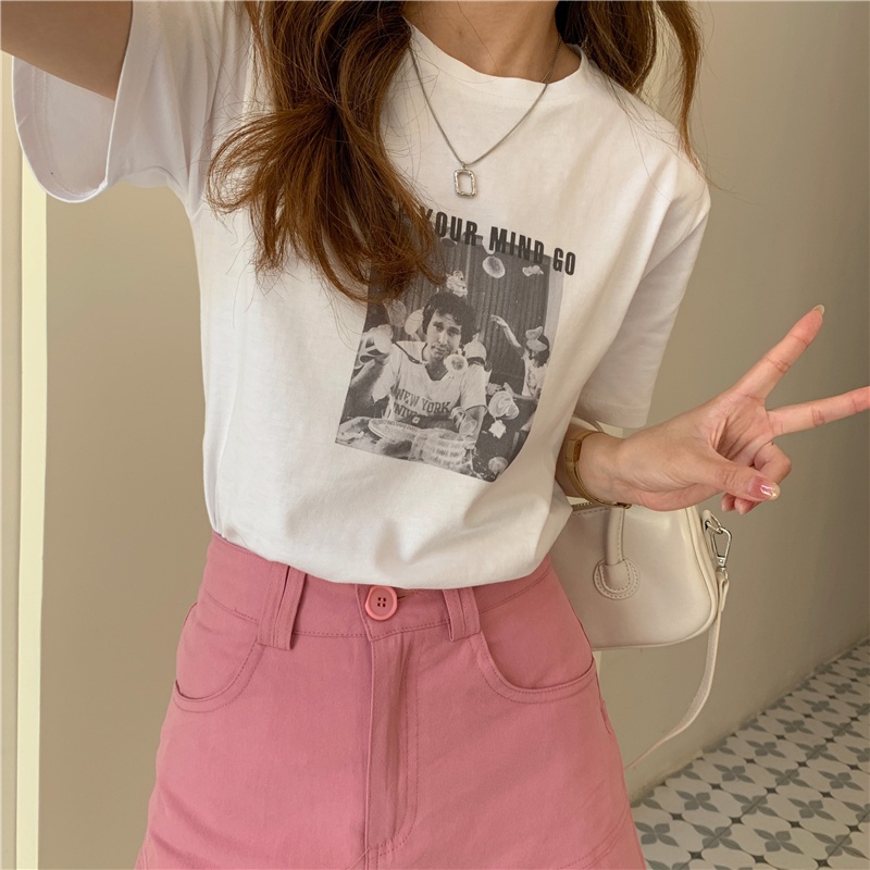 Áo Thun Tay Ngắn Cổ Tròn In Họa Tiết retro Dành Cho Nữ