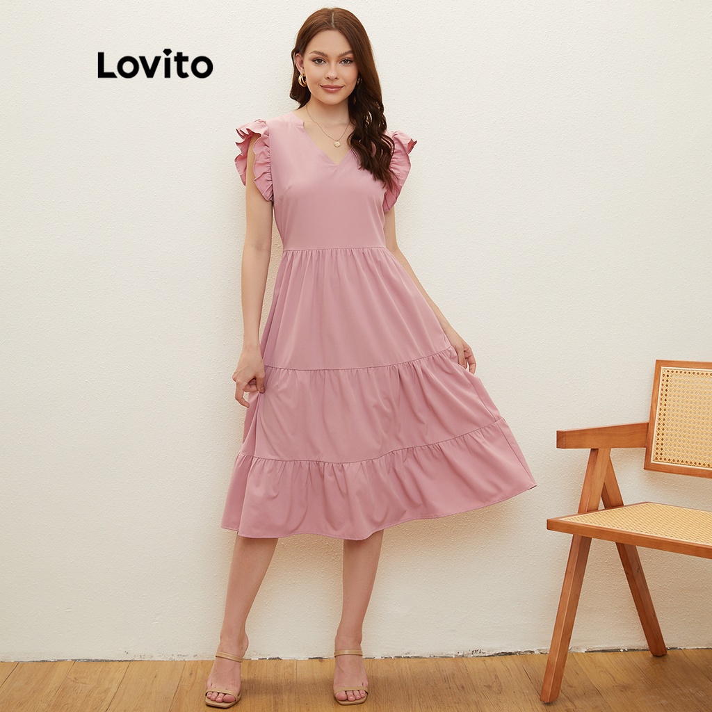Lovito Đầm Suông Tay Loe Cổ Chữ V Phong Cách Boho Cho Nữ L20D311