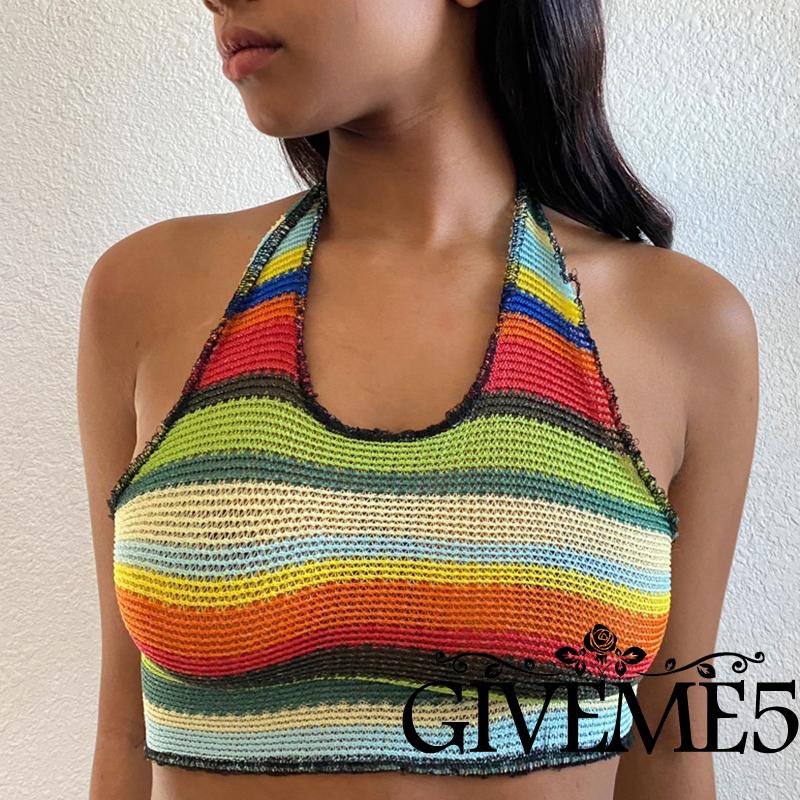 Áo Croptop Hai Dây Họa Tiết Kẻ Sọc Màu Sắc Quyến Rũ Thời Trang Mùa Hè Cho Nữ