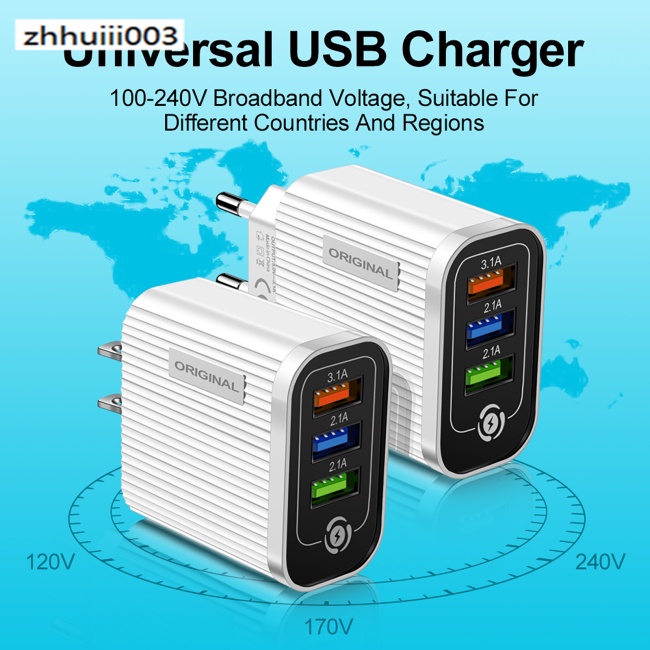 Cốc Sạc Nhanh Usb 5V / 3A 3 Cổng Có Đèn Led Dành Cho Điện Thoại Di Động