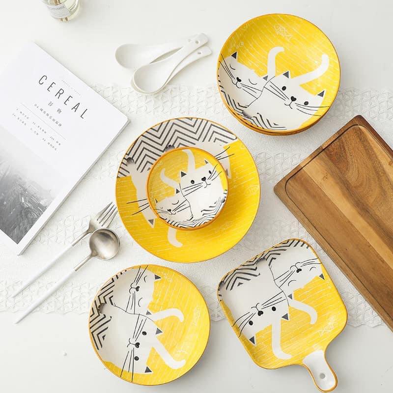 Bát đĩa mèo vàng chibi phong cách Nhật Bản - Gốm Bơ - BM01 | BigBuy360 - bigbuy360.vn