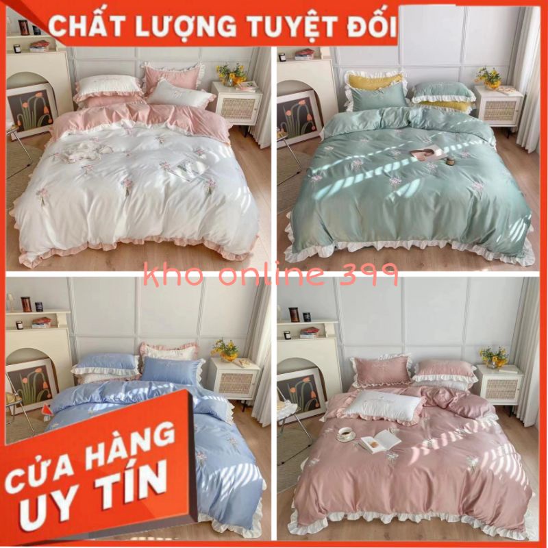 💥 set  chăn ga gối nệm phi lụa thêu hoa hồng 4 món kích thước 1m6, 1m8, 2mx2m2, ga trải giường, vỏ gối