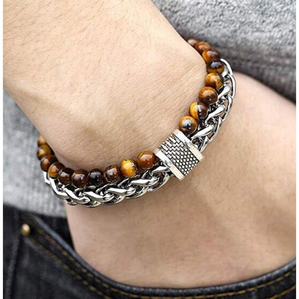 Natural Tiger Eye Obsidian Beaded Gelang Pria Trendy Rantai Gandum 22 CM
