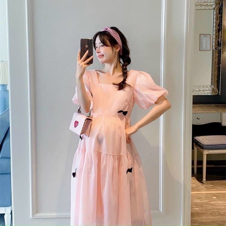 Đầm bầu tiểu thơ xinh xắn 2 lớp HOT TREND-Váy bầu babydoll dáng dài cổ vuông siêu xinh MinHa