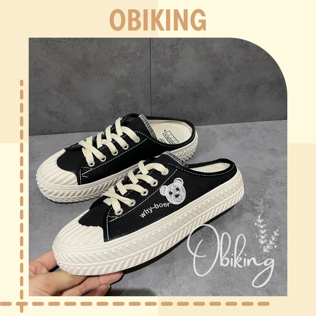 Giày sục thêu hình gấu, đạp gót độn đế 3cm