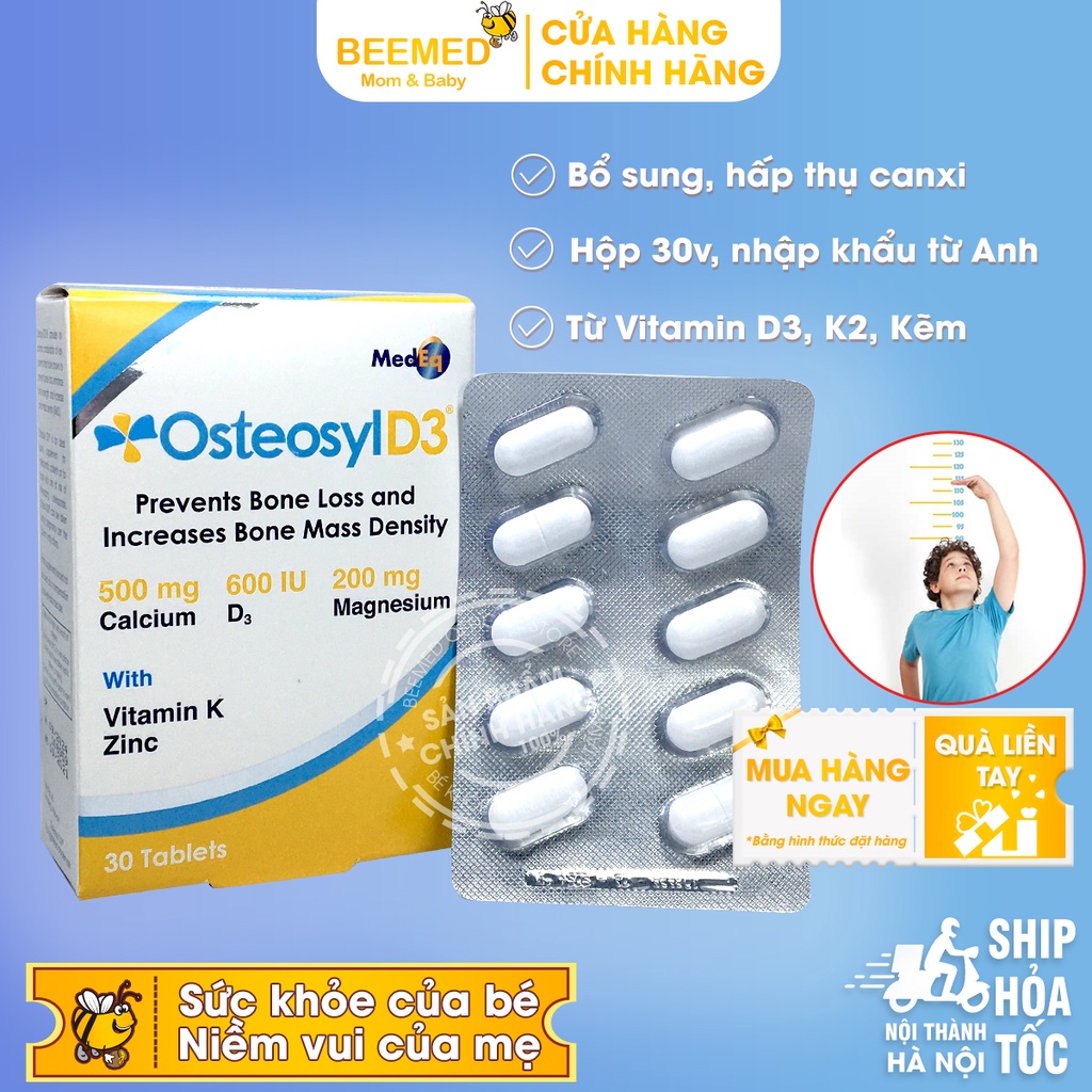 CANXI OSTEOSYL - D3 Bổ Sung Canxi Cho Trẻ Em Và Người Lớn - Hộp 30 Viên có thêm Magie, ZinC, Vitamin D3, Vitamin K