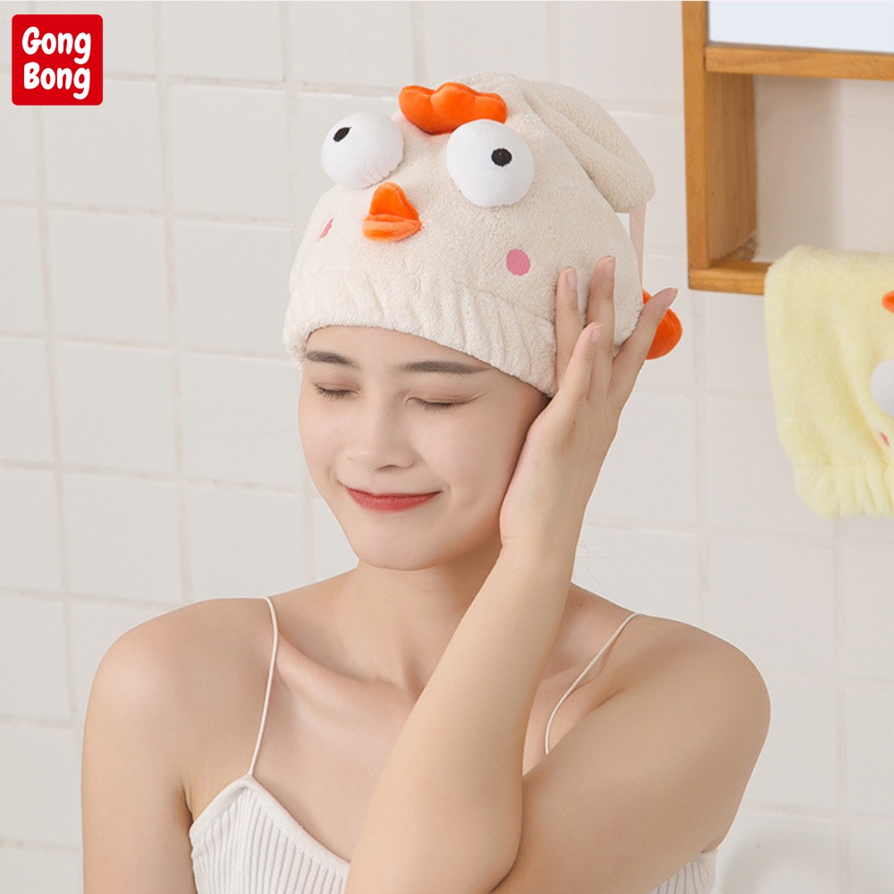 Khăn mũ trùm đầu quấn ủ tóc nhanh khô hình gà siêu thấm nước tiện lợi dễ thương
