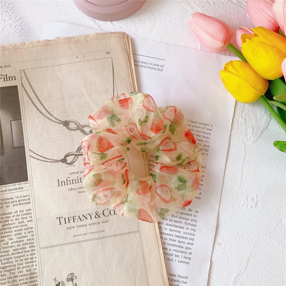Cột tóc vải scrunchies vòng đeo tay scrunchies chất liệu voan bản to họa tiết hoa quả cho bạn gái