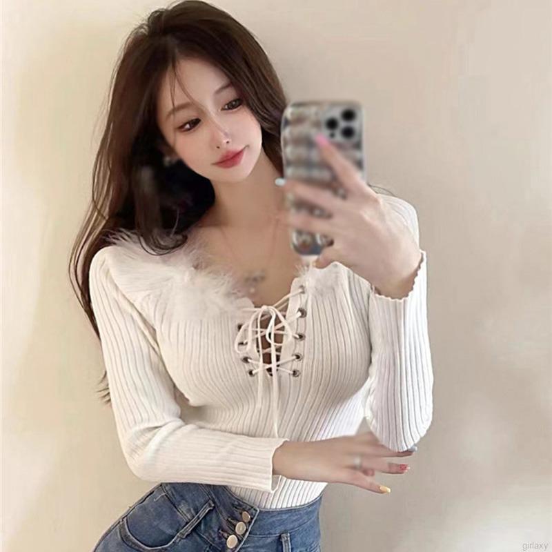 Áo dệt kim tay dài hở vai màu sắc trơn phong cách Hàn Quốc cho nữ