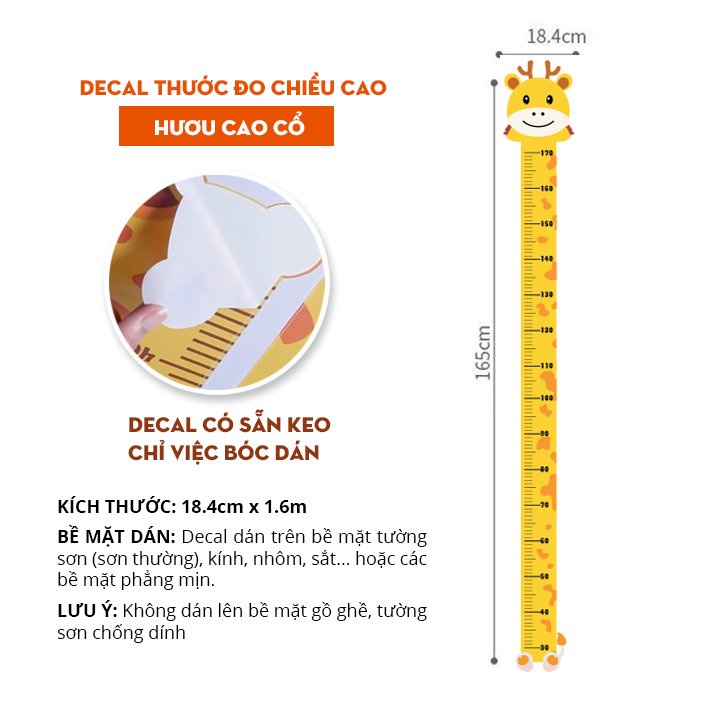 Thước đo chiều cao dán tường con vật dễ thương cho bé Thương Hiệu BOBAKI