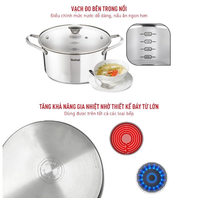 Bộ 3 nồi inox 304 chống dính đáy từ Tefal Simpleo 3 cái 16cm 20cm 24cm cho mọi loại bếp B9052395 B907S644 B9054495
