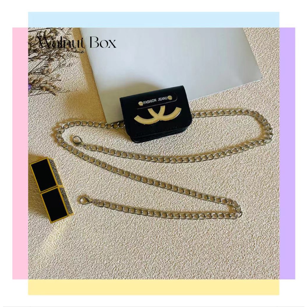 Túi Đeo Hông Mini Màu Đen Phối Dây Xích Kim Loại Phong Cách Chanel Thời Trang Cho Nữ