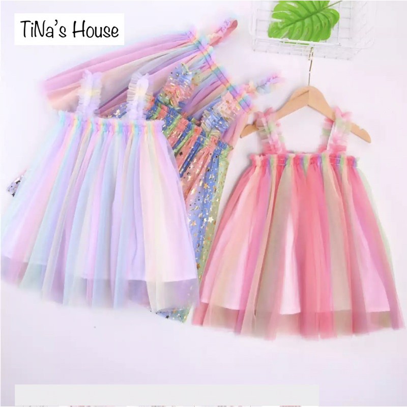 Đầm 03 Lớp Kiểu 02 Dây Họa Tiết Nhiều Màu vs Phủ Kim Tuyến... Cho Bé Từ 01-05Tuổi.