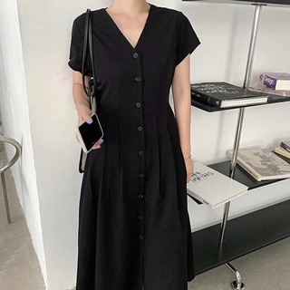 Đầm váy midi đen form dài nút sau
