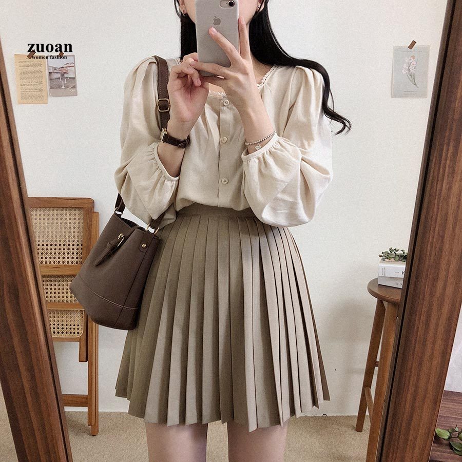 SUXI Áo Sơ Mi Nữ Thiết Kế Tay Dài Màu Trơn Kiểu Hàn Quốc