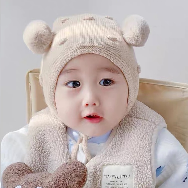 Mũ Len Cho Bé 2 Quả Bông Có Dây Buộc 0-2 Tuổi M40