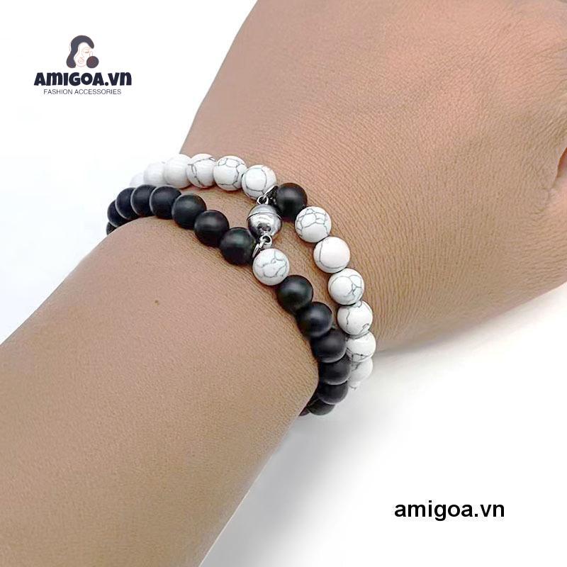 Vòng Tay Chuỗi Hạt Nam Châm Màu Trắng Đen Thời Trang Cho Cặp Đôi