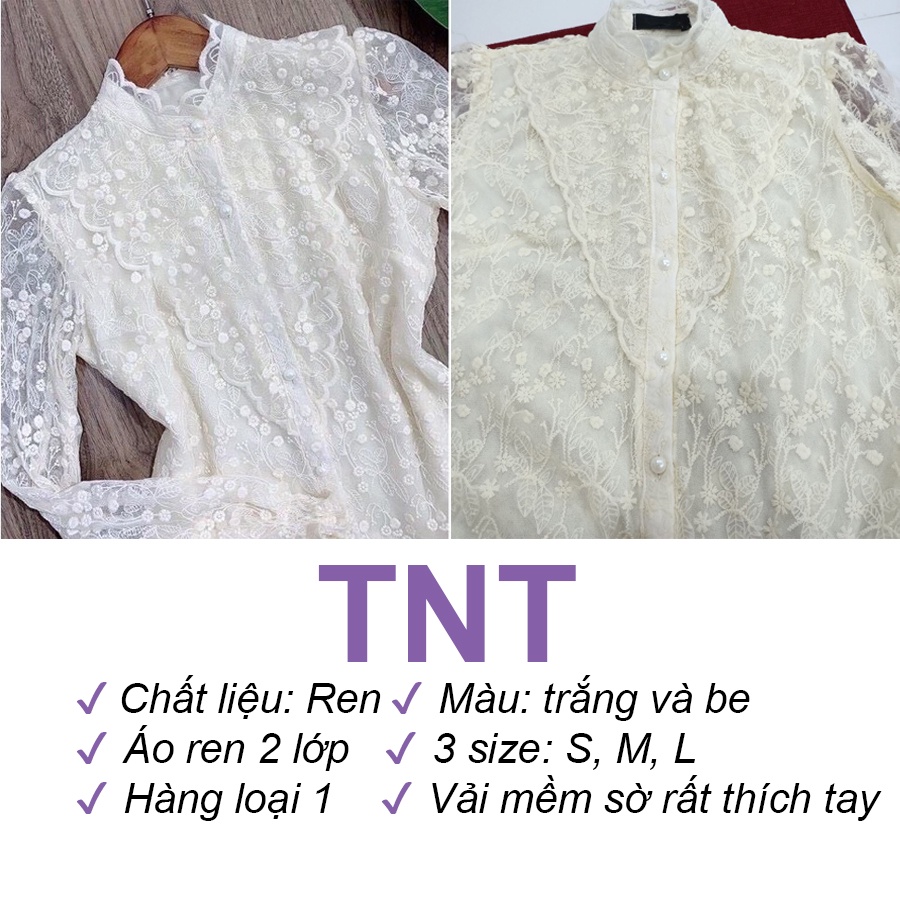 Áo sơ mi nữ ren bèo ngực dài tay đẹp hai lớp dáng suông cổ tròn trắng be đi làm đi chơi TNT