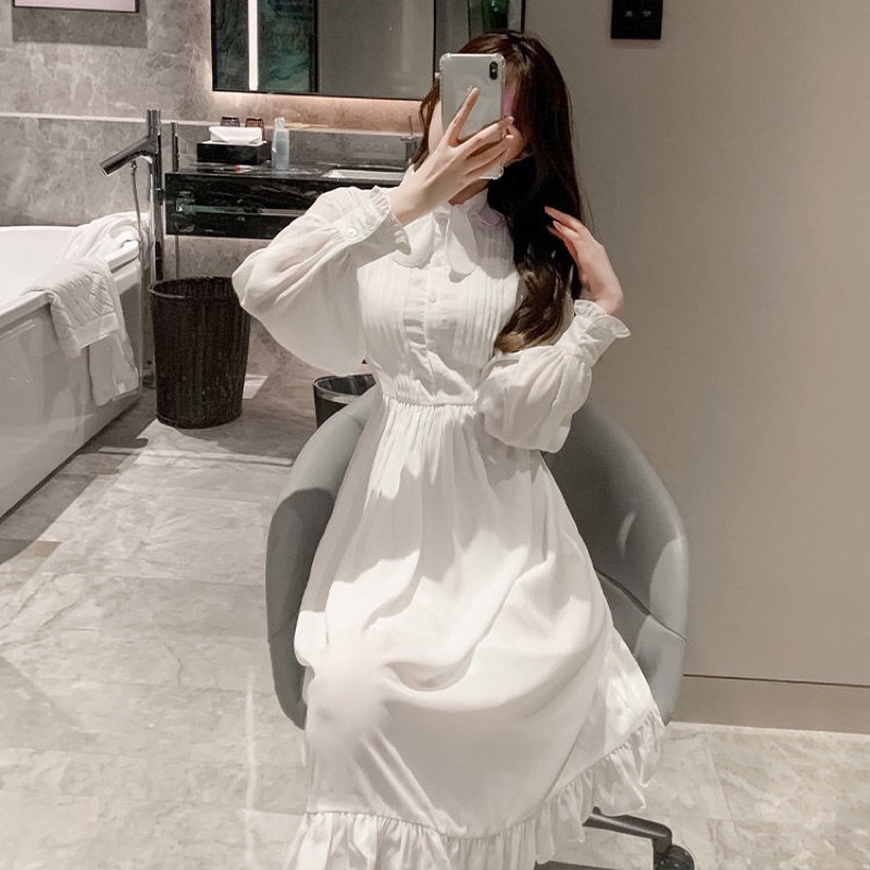 Đầm Thu Trắng Cổ Nơ