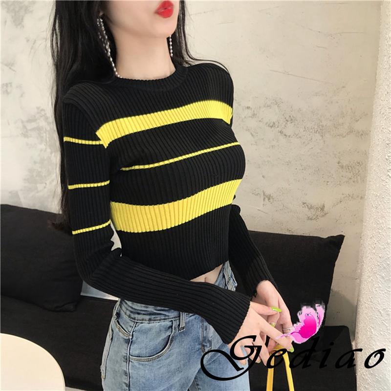 Áo Croptop Tay Dài Kẻ Sọc Ngang Thời Trang Cho Nữ