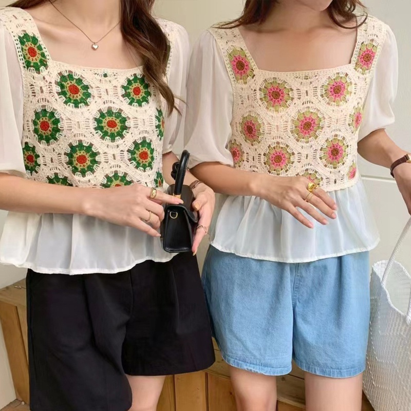 Áo Chiffon Cổ Vuông Tay Phồng In Họa Tiết Hoa Thời Trang Cho Nữ