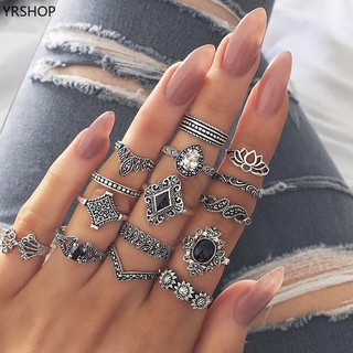 Bộ 15 Nhẫn Mạ Bạc Đính Đá Phong Cách Retro Cho Nữ