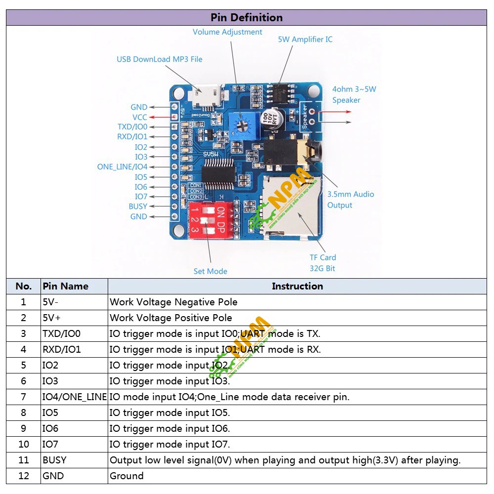 module mp3 arduino (combo thẻ nhớ + giao tiếp máy tính + amply 5w)