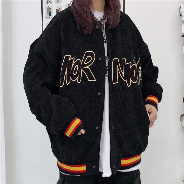 Áo khoác Bomber nhung tăm thêu chữ cam-7C3T
