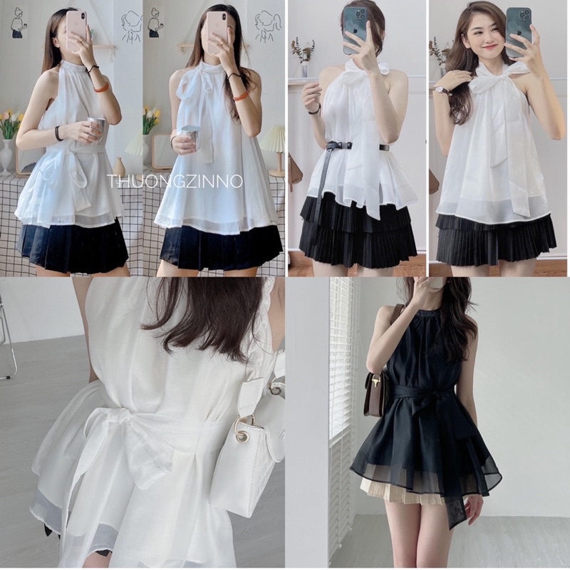 [Ảnh thật/Video]Áo yếm tơ kèm đai thắt eo hoặc làm turban Áo sơ mi tơ mềm