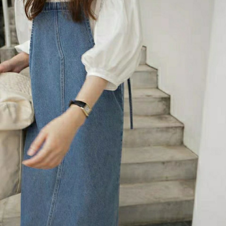 [LININ] Đầm Yếm Denim Dài Qua Gối Không Tay Dáng Rộng Phong Cách Hàn Quốc Mới