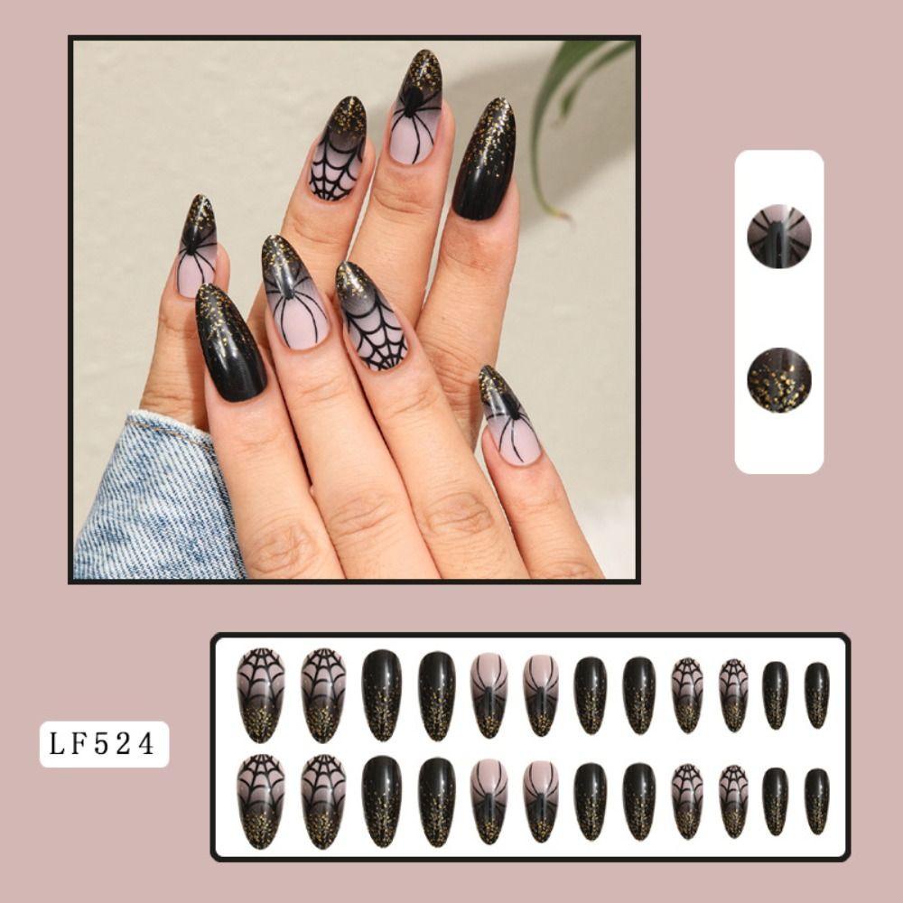 ME Set 24 Móng Tay Giả Nhện Đen In Họa Tiết Da Báo Phong Cách Pháp